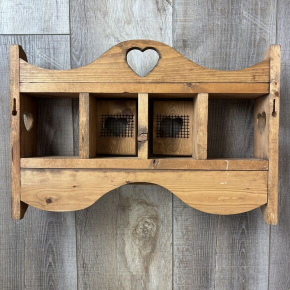 Vtg Wood Heart Door Wall Knick Knack Curio Trinket Shelf Knobs Cottage Farmhouse - Picture 8 of 12